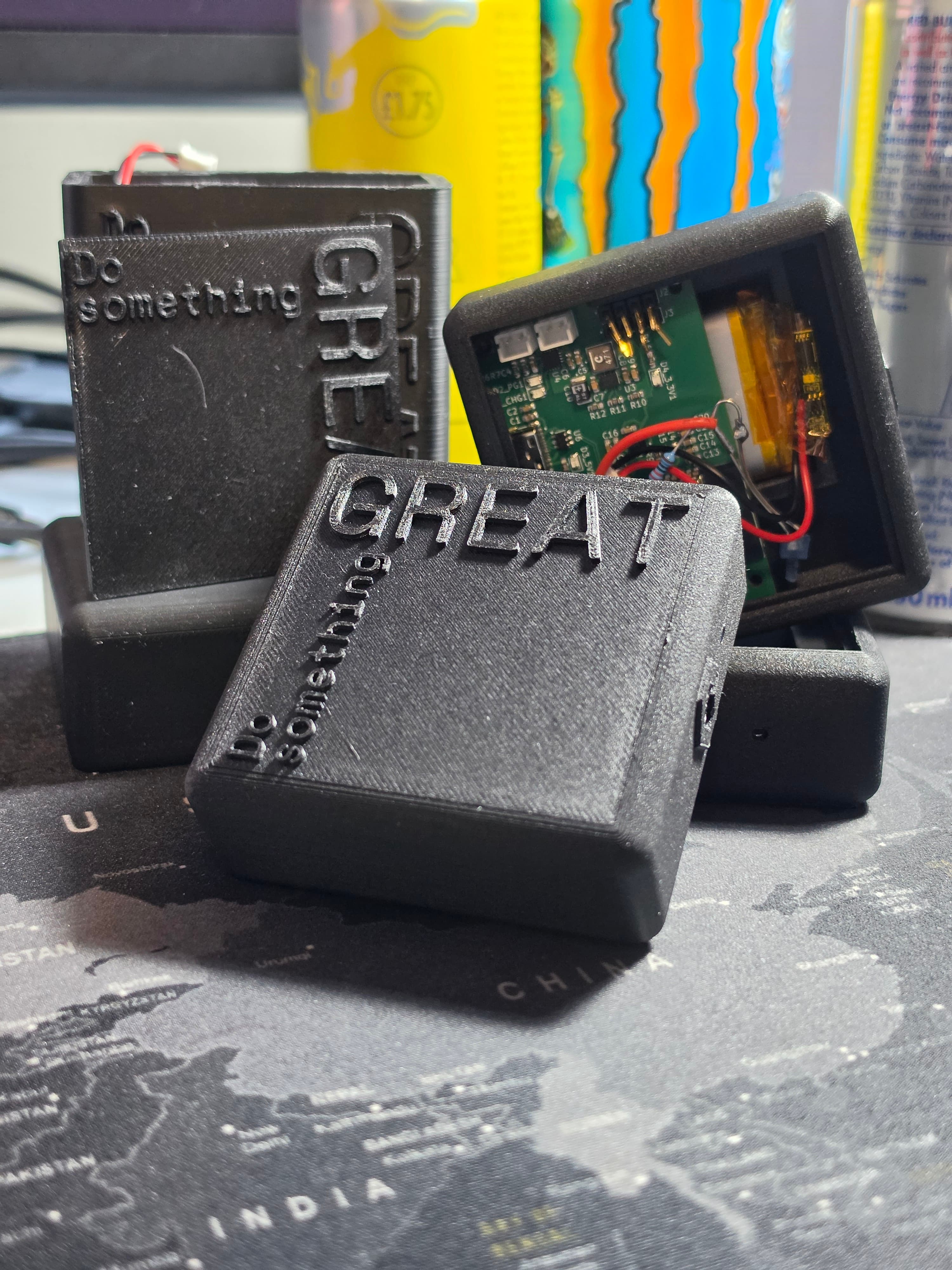 The first batch of ClearZone production cases, 3D printed in carbon fibre, stacked together and reading Do something GREAT
