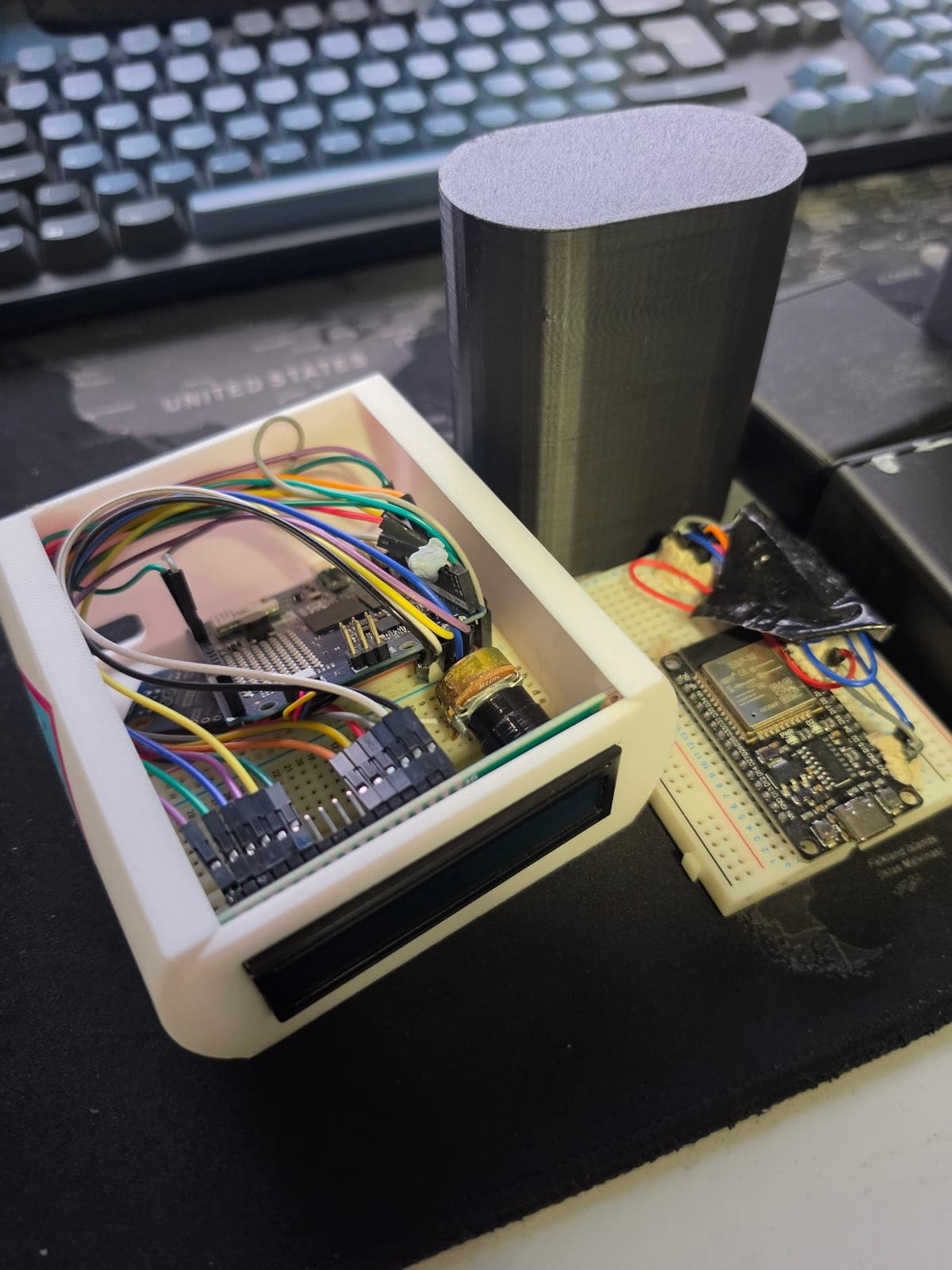 An early ClearZone prototype, the electronics wired on a breadboard alongside the first 3D printed case