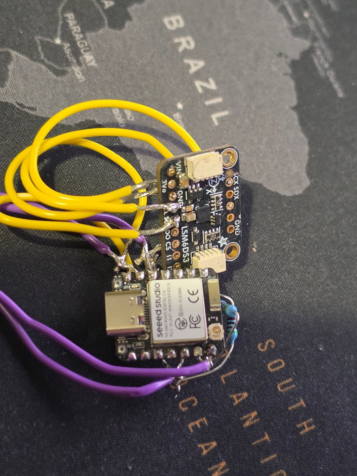 The first custom ClearZone PCB, version one, wired up for bring-up testing