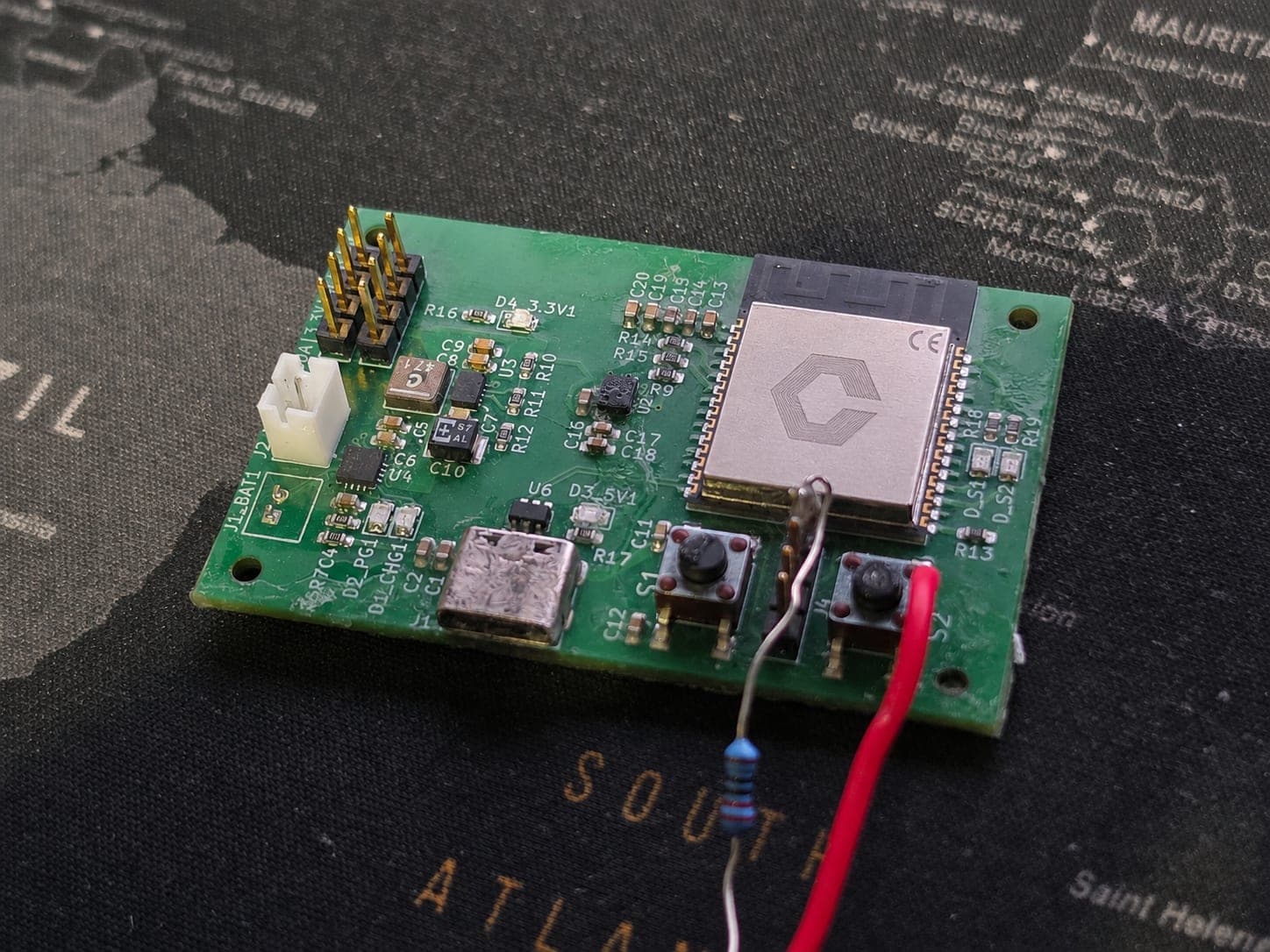 ClearZone PCB version two, with the custom component selection and the C logo on the module shield
