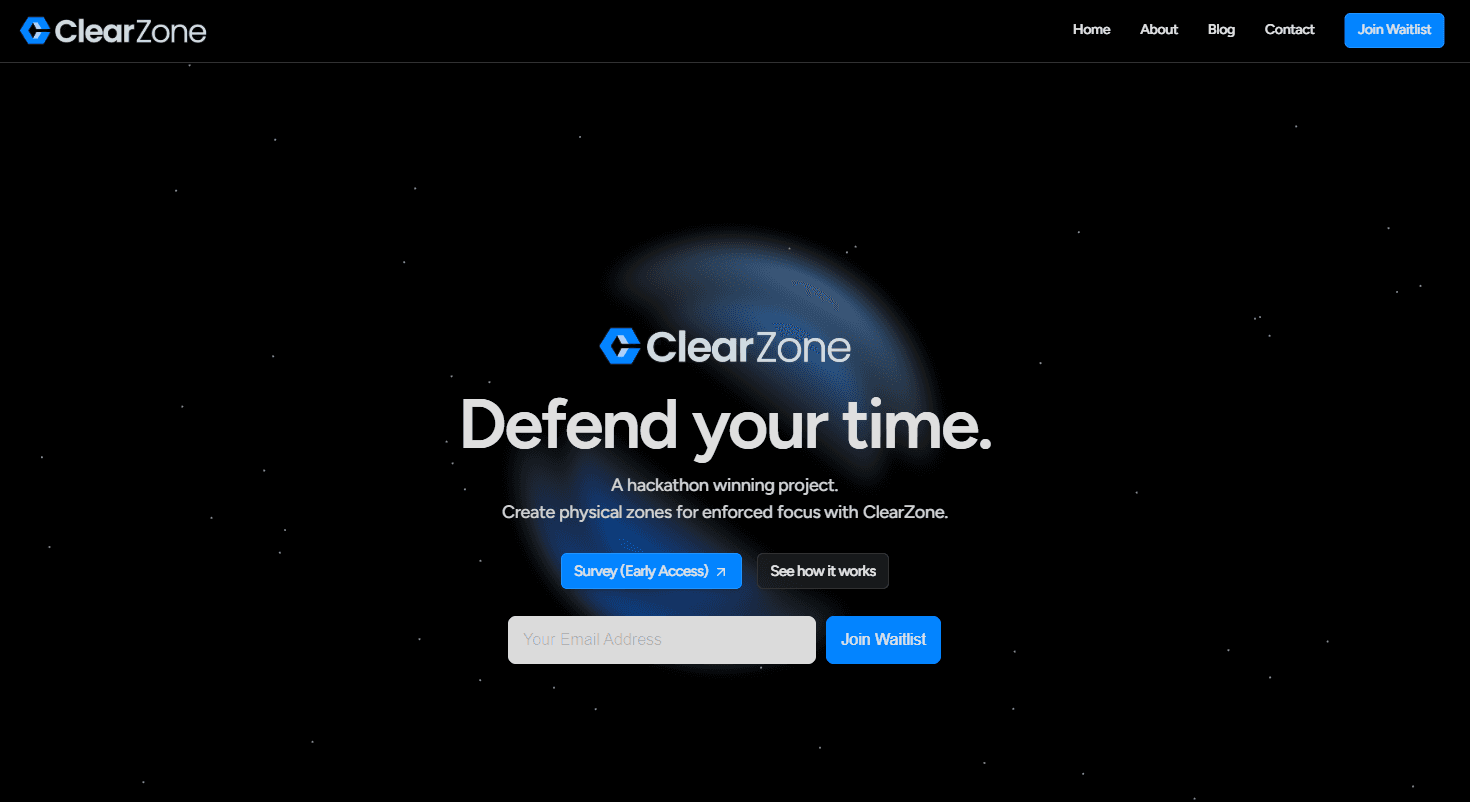 Screenshot of the live ClearZone marketing site, with the Defend your time. headline and waitlist sign-up form